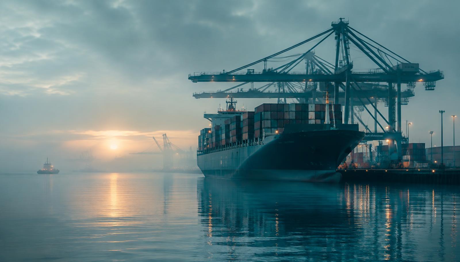 Cargo ship at a UK port at dawn